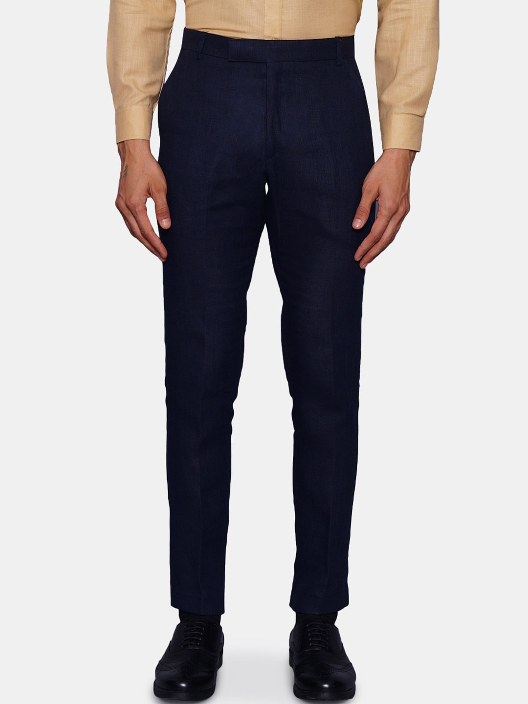 Wintage Men Navy Blue Pure Linen Formal Trousers