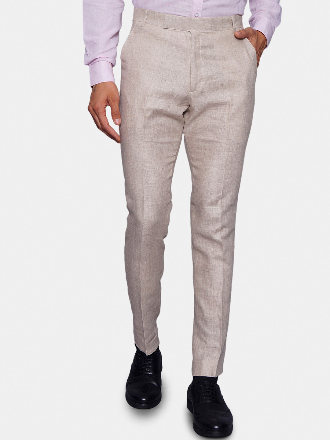 Wintage Men Cream-Coloured Pure Linen Formal Trousers