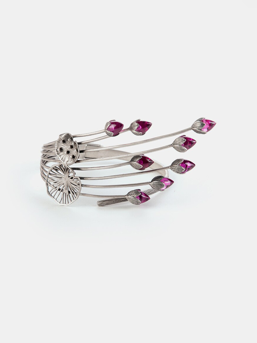 SHAYA Women Magenta Artificial Stones Studded Handcrafted Silver-Plated Cuff Bracelet