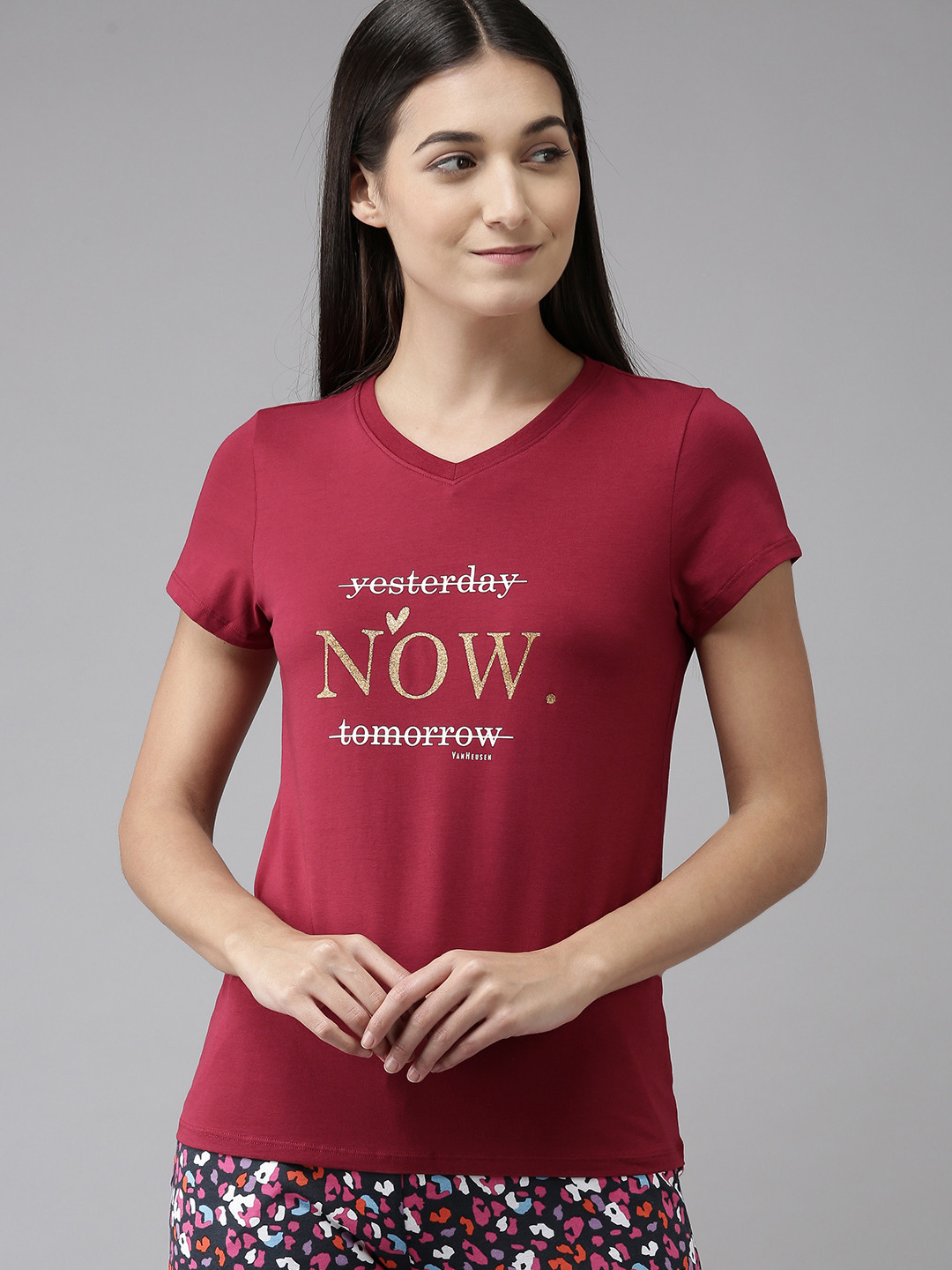Van Heusen Women Printed V-Neck Short Sleeve Lounge T-Shirt