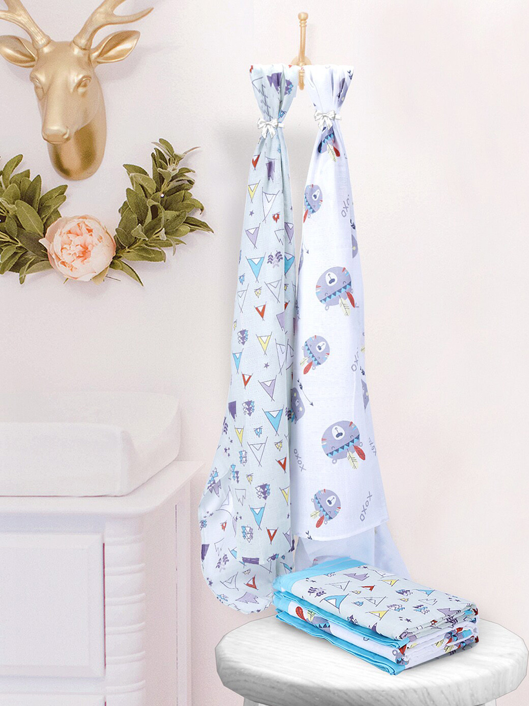My Milestones Kids-Unisex Set of 2 White & Blue 3 Layered  Pure Cotton Muslin Blankets