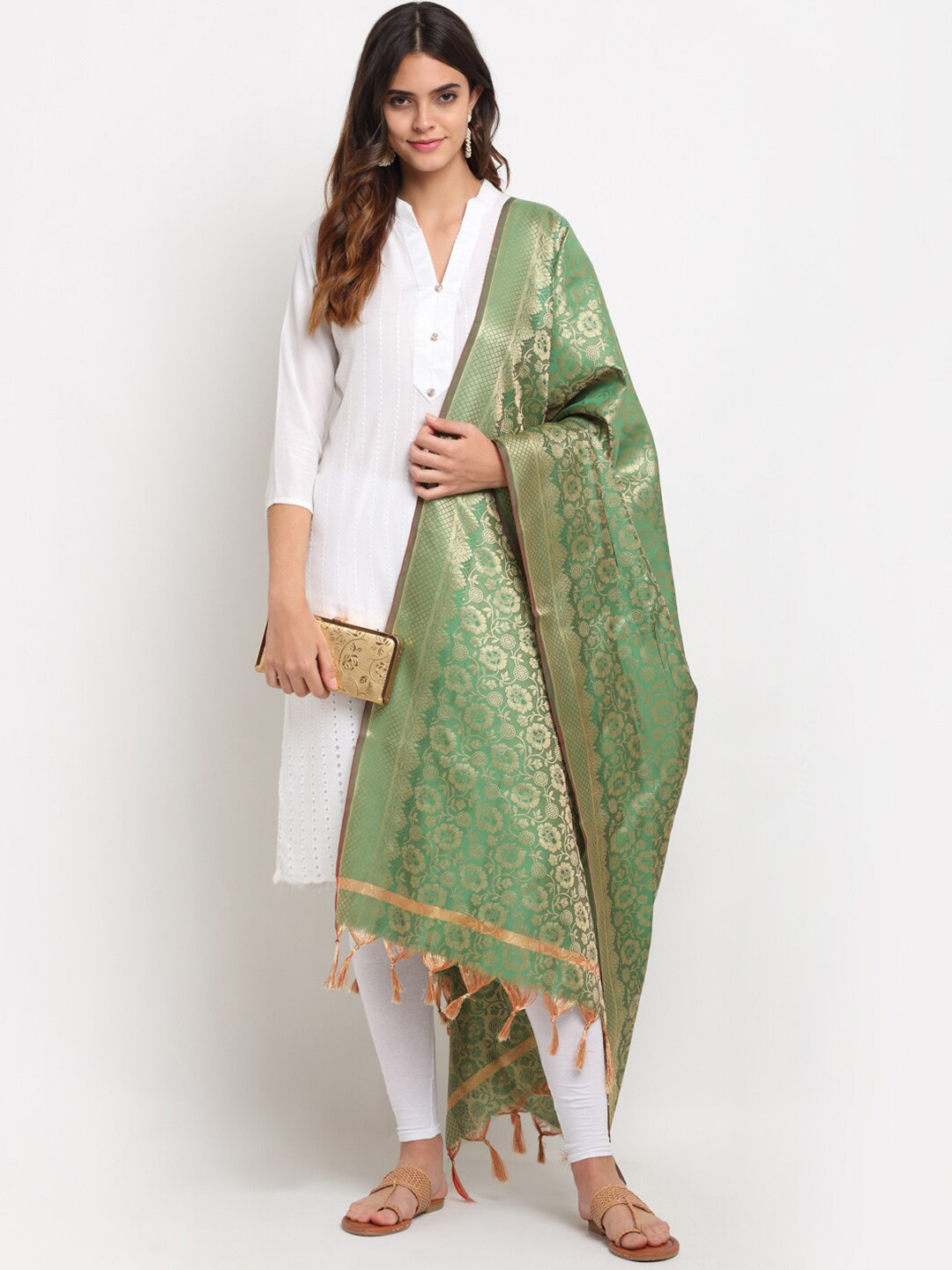 LOOM LEGACY Green & Gold-Toned Banarasi Jacquard Dupatta