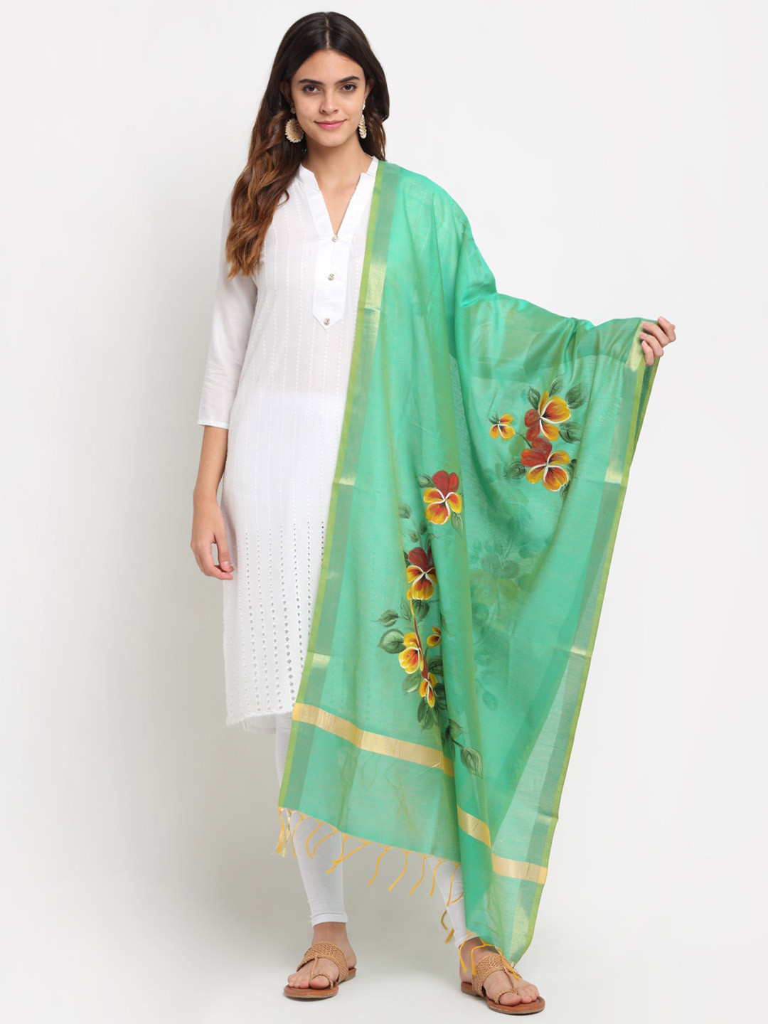 LOOM LEGACY Green & Red Printed Cotton Silk Dupatta with Zari