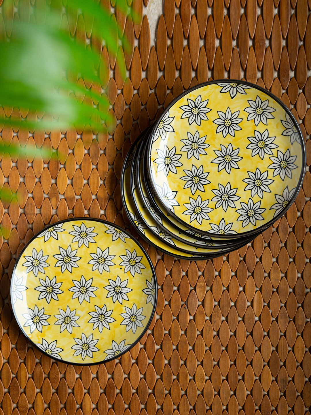 ExclusiveLane Yellow & White 6 Pieces Hand Painted Printed Ceramic Dinner Plates