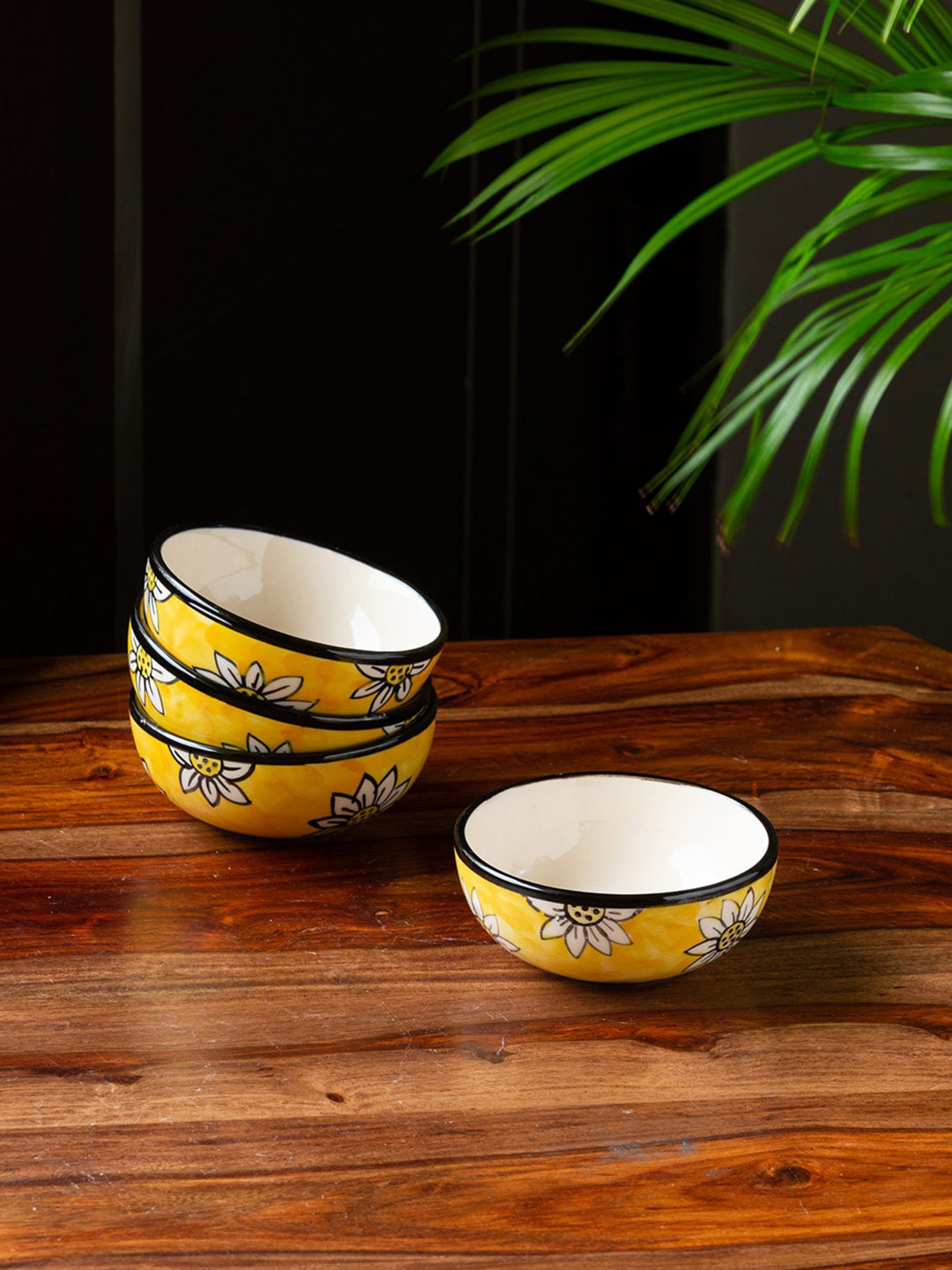 ExclusiveLane Yellow & White 4 Pieces Hand Painted Printed Ceramic Dinner Bowls