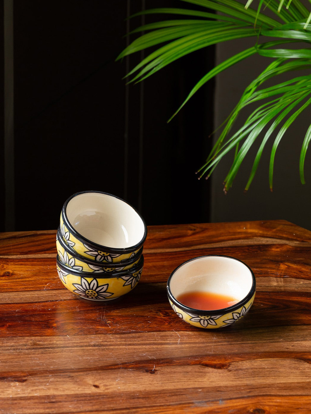 ExclusiveLane Californian Sunflowers Set Of 4 Yellow Hand-Painted Printed Ceramic Bowls