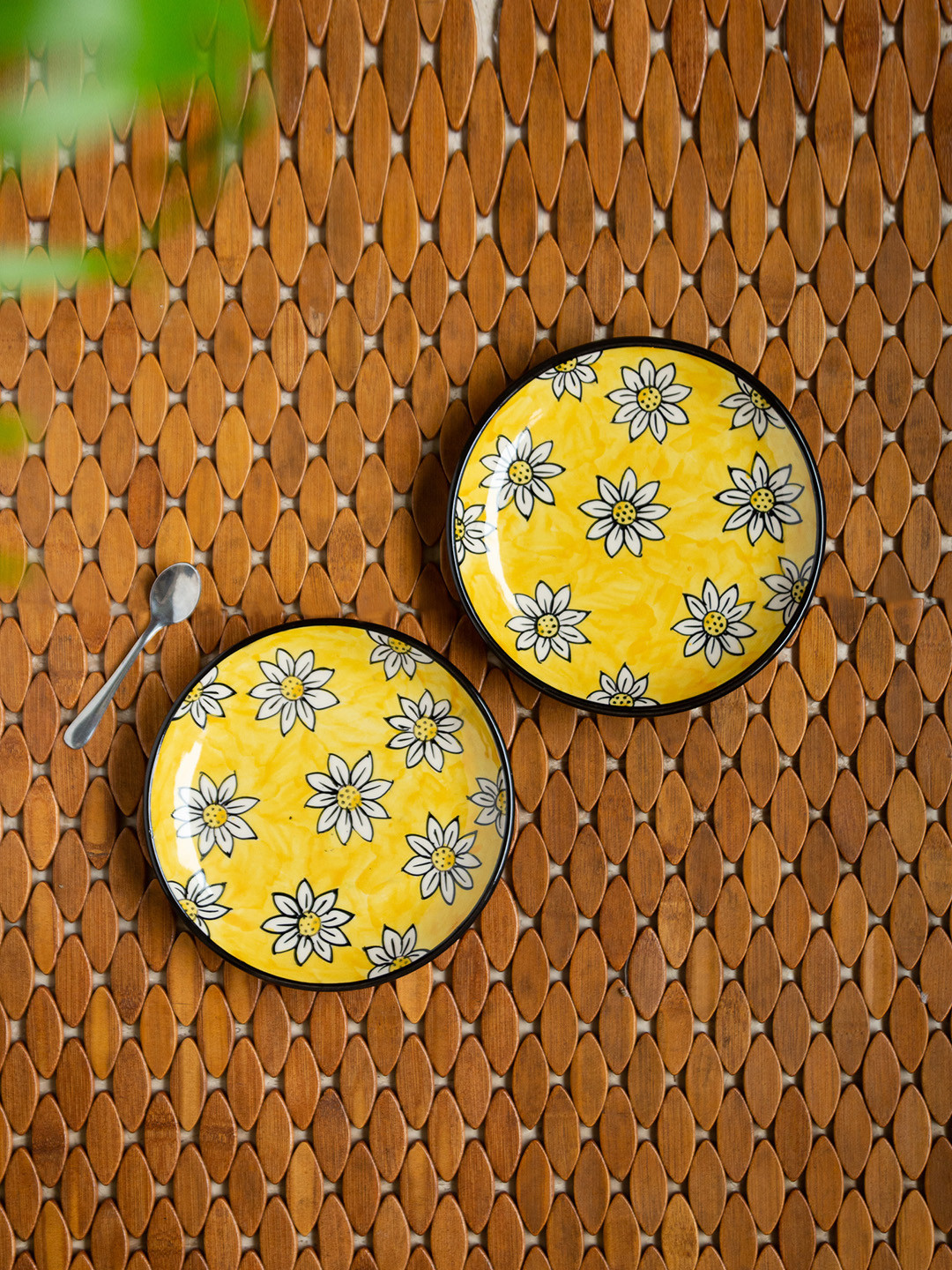 ExclusiveLane Yellow Set Of 2 Hand-Engraved Ceramic Quarter Plates 7 Inches Each