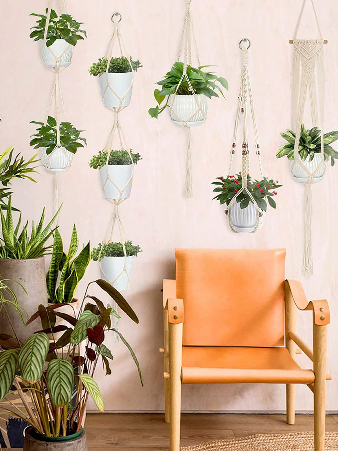 Homesake Set Of 5 Beige Macrame Plant Hangers Without Pot