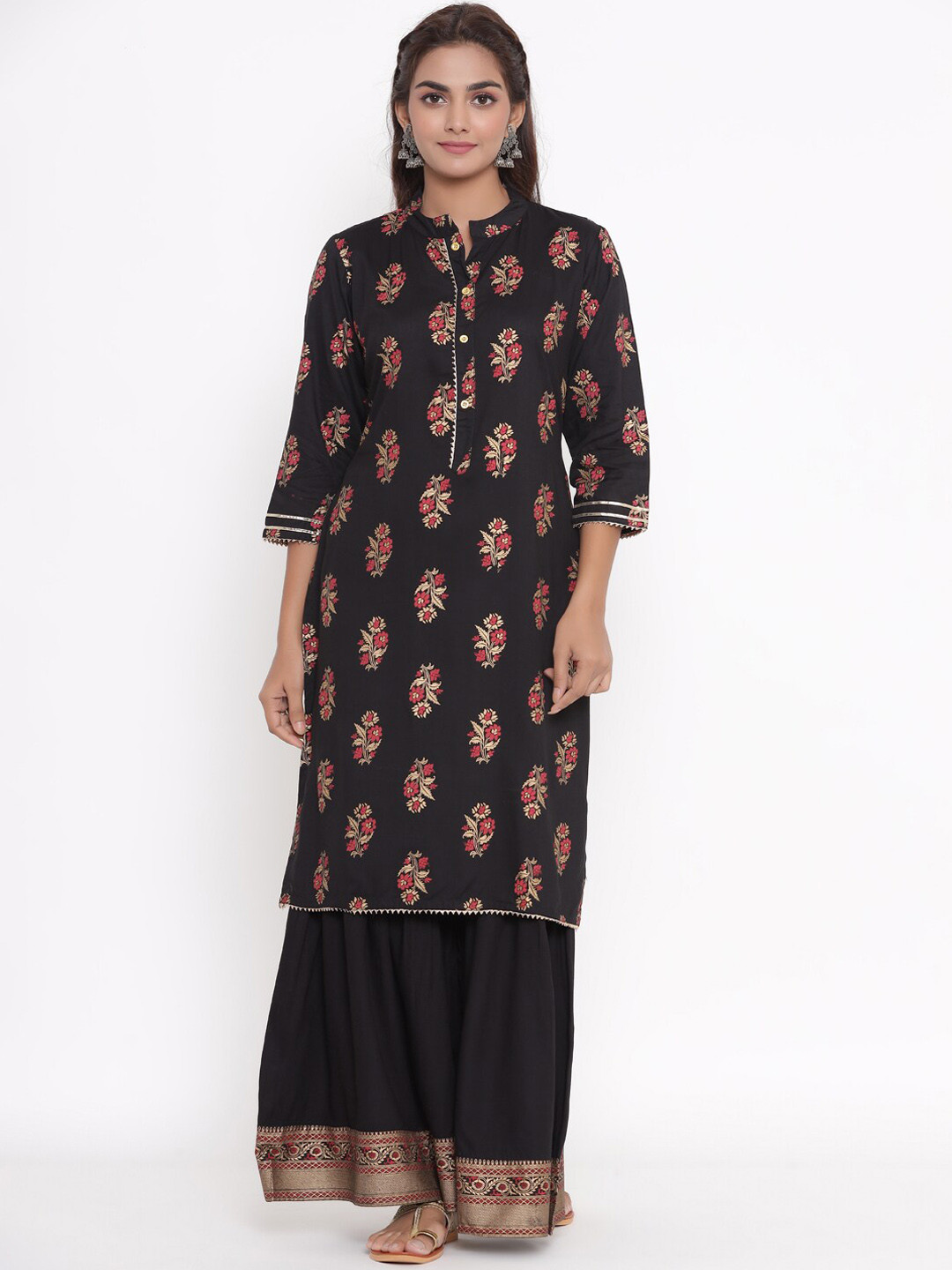 VEDANA Women Black Ethnic Motifs Printed Gotta Patti Kurta with Palazzos