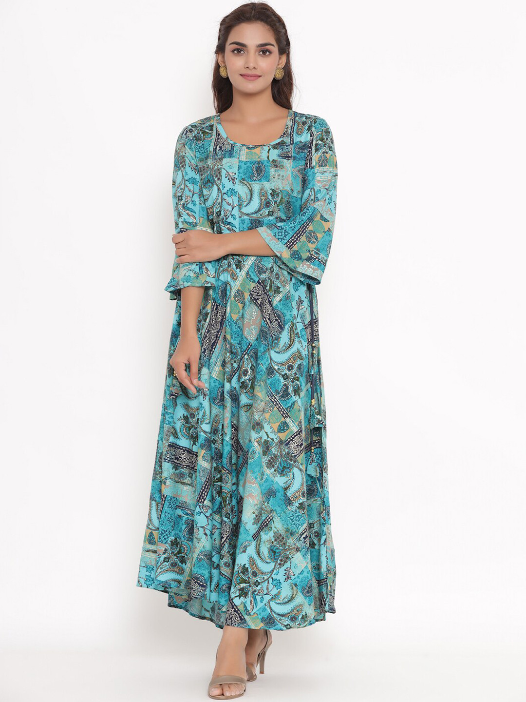 VEDANA Turquoise Blue & Green Ethnic Motifs Maxi Dress