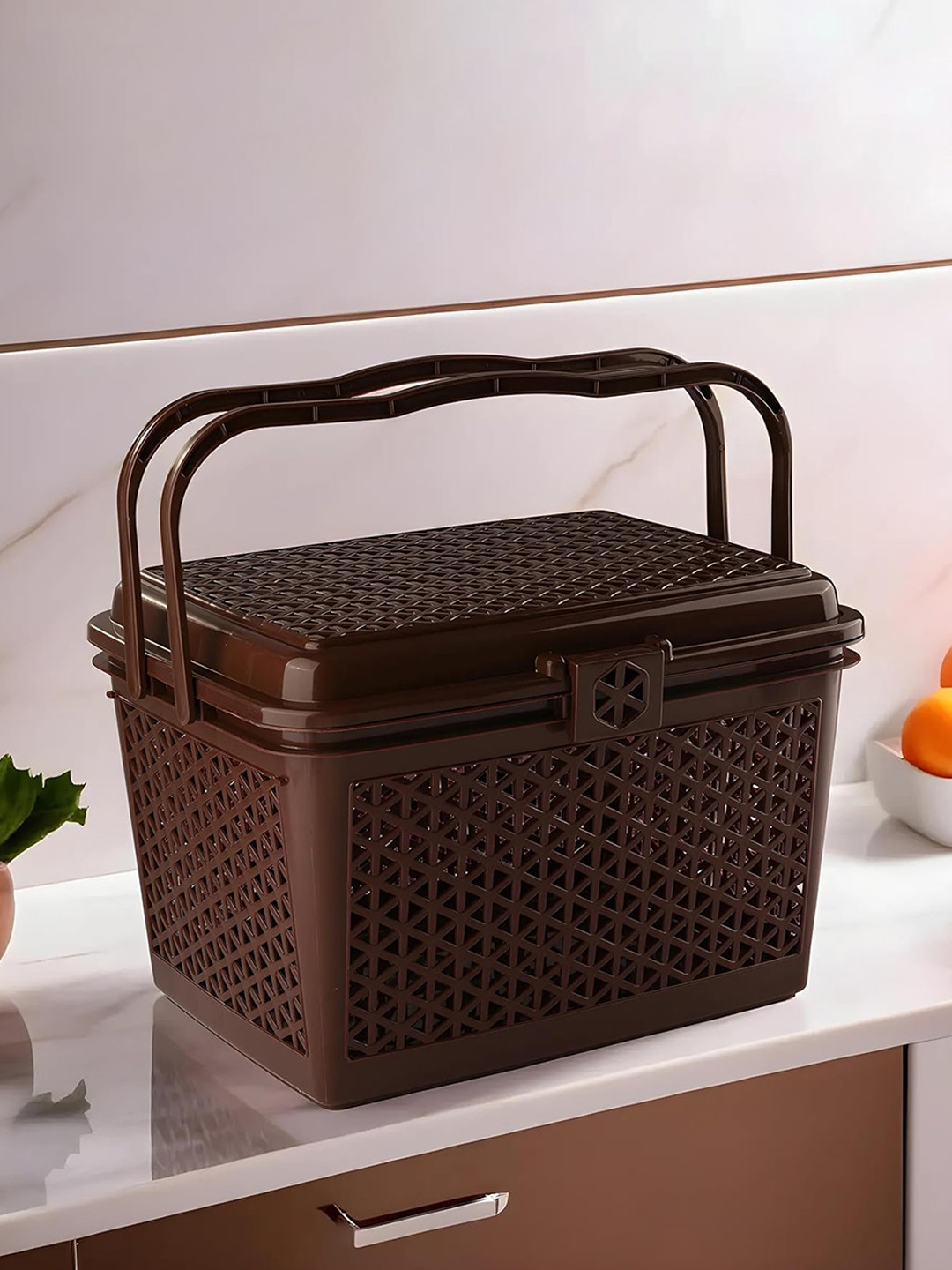 Kuber Industries Brown Plastic Multipurpose Shopping Basket with Lid