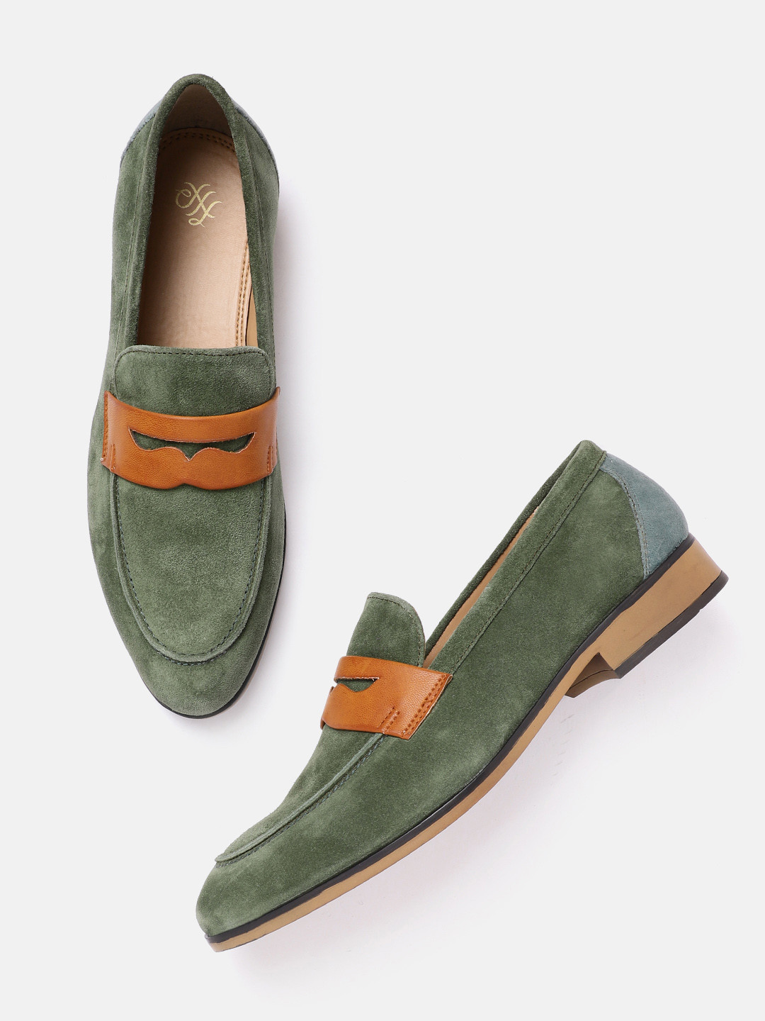 House of Pataudi Men Green & Tan Brown Solid Leather Handcrafted Penny Loafers