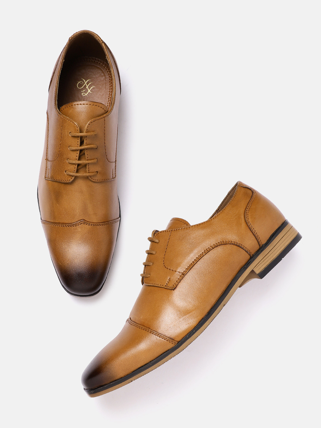 House of Pataudi Men Tan Brown Solid Handcrafted Leather Formal Derbys with Pouch