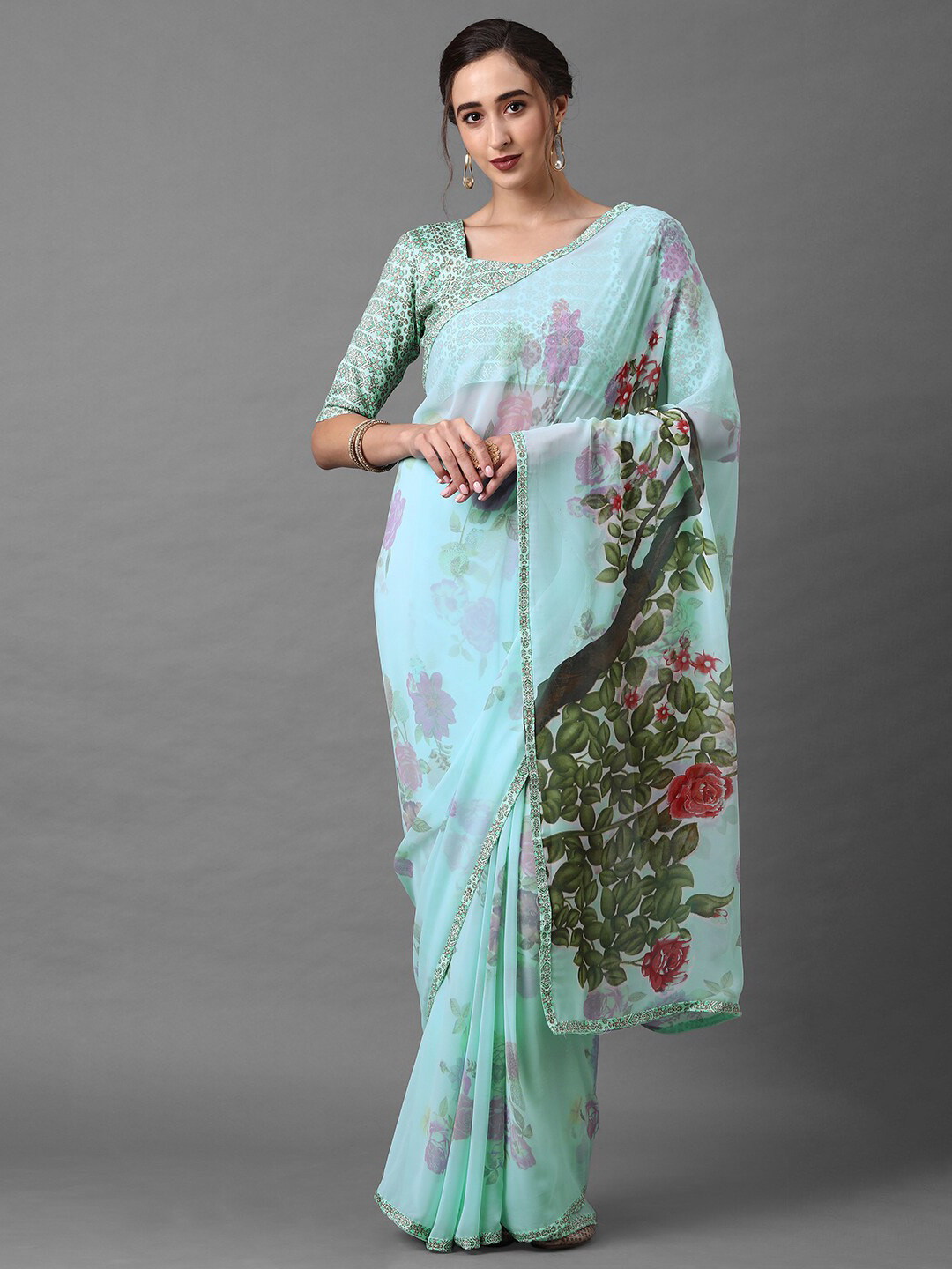 Mitera Women Turquoise Poly Chiffon Floral Printed Saree