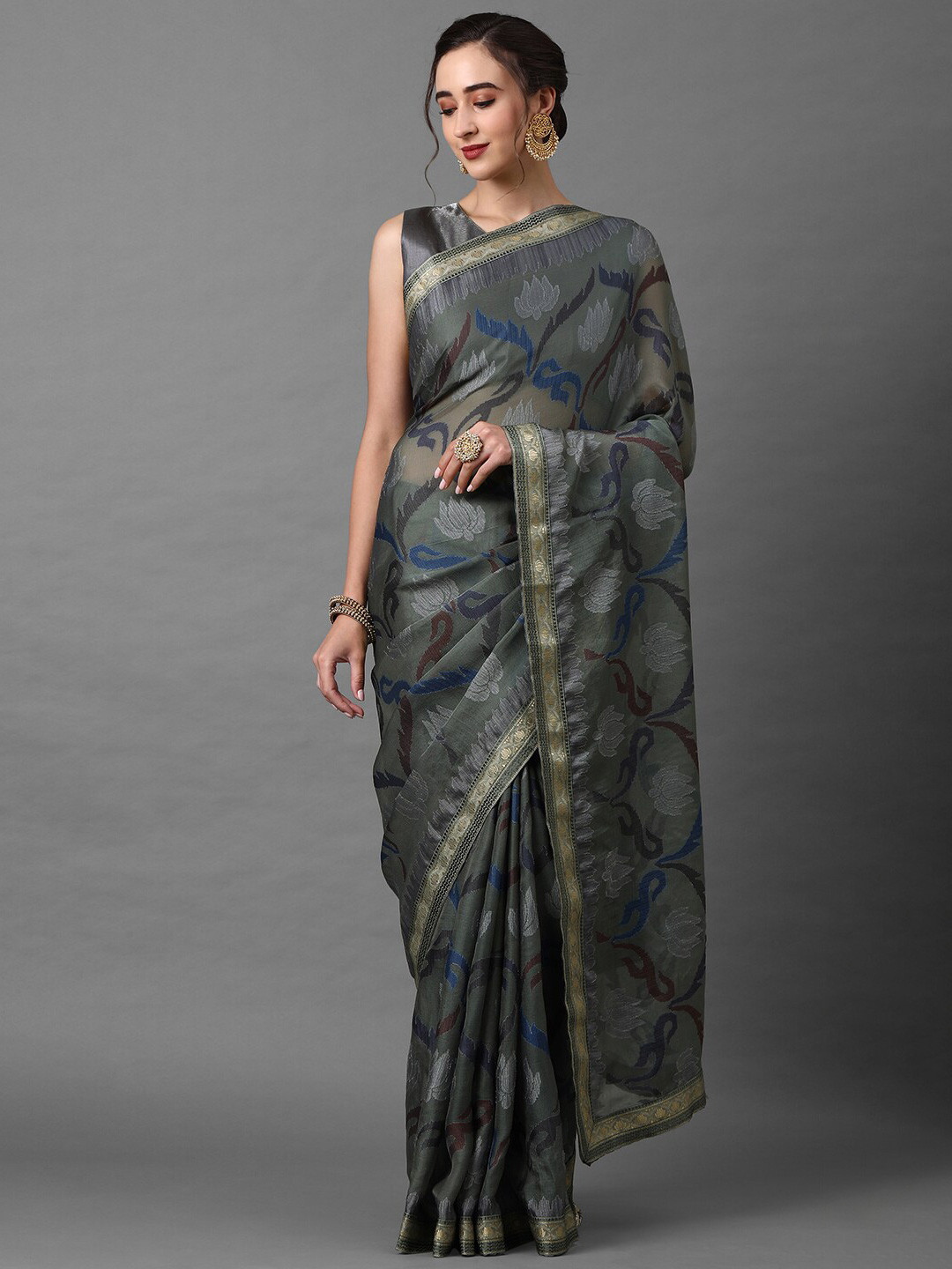 Mitera Women Charcoal Grey Silk Blend Ethnic Motifs Woven Designed Saree