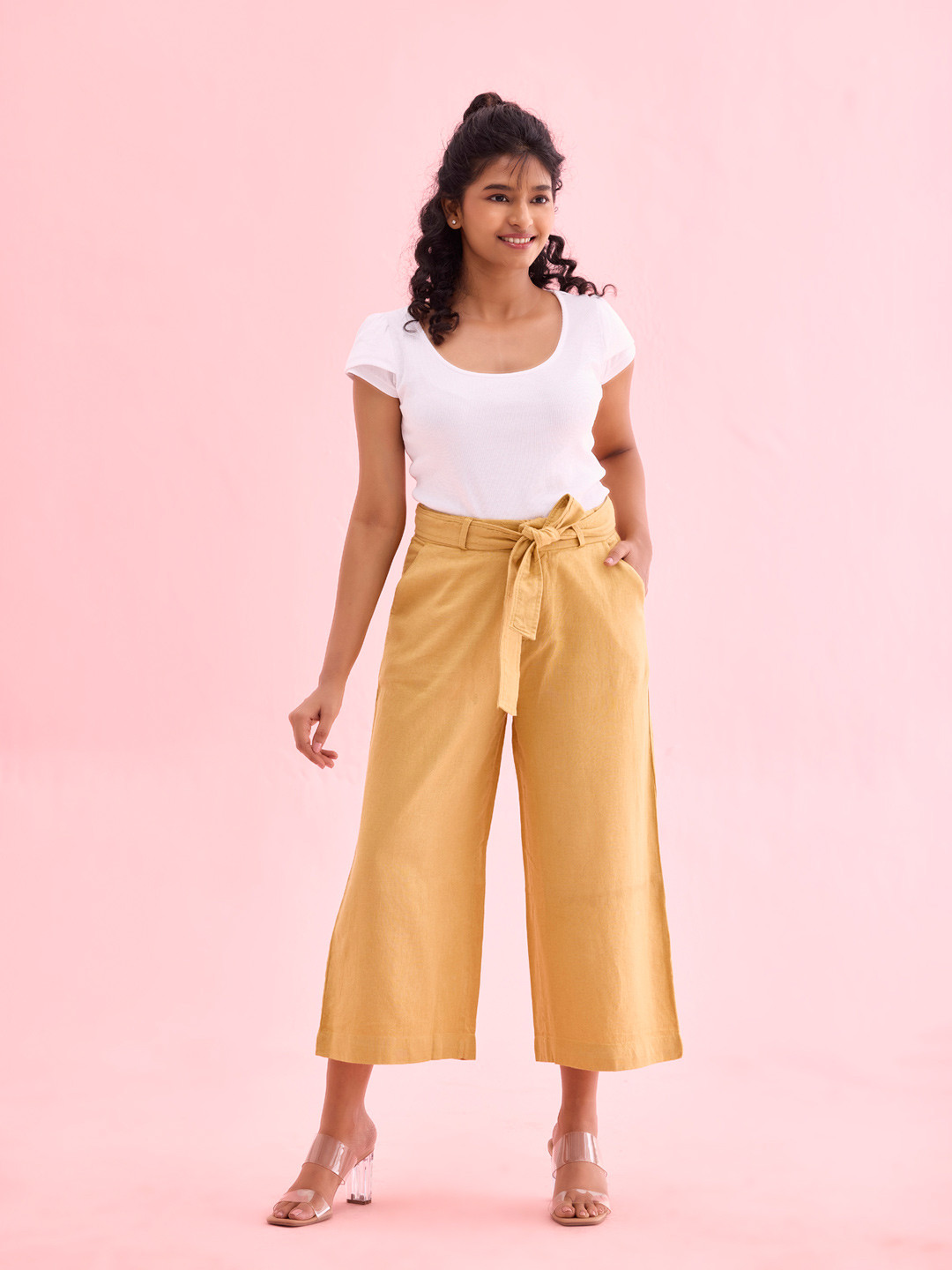 Go Colors Women Mustard Solid Linen Mid Rise Culottes
