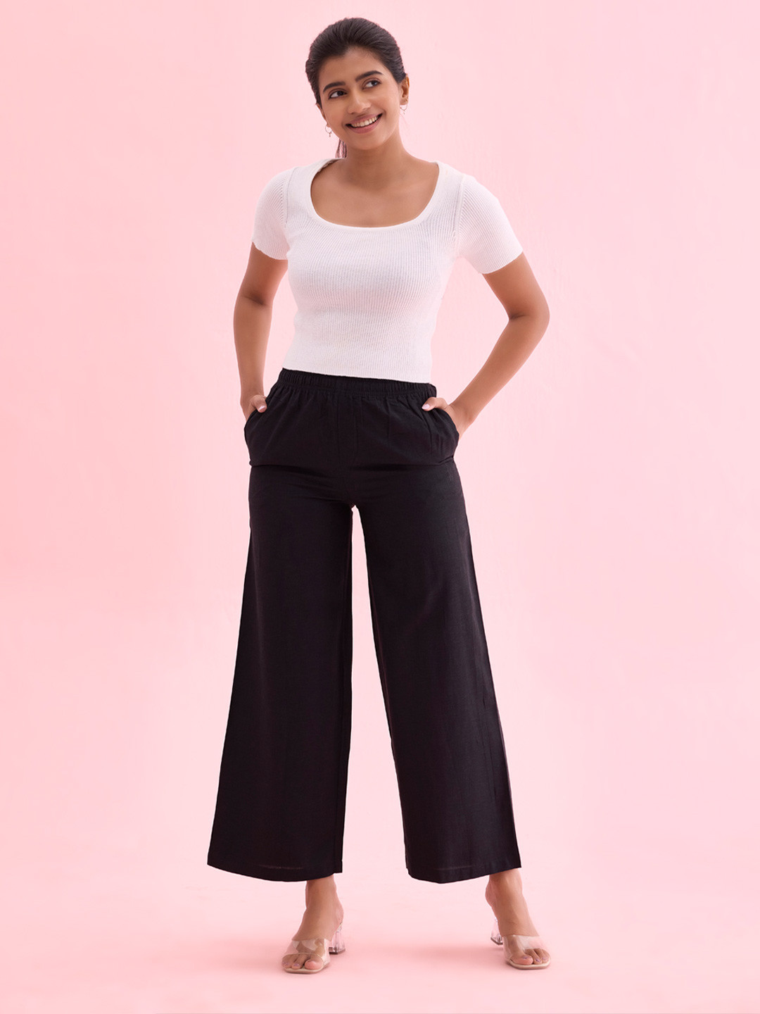 Go Colors Women Black Solid Linen Palazzos