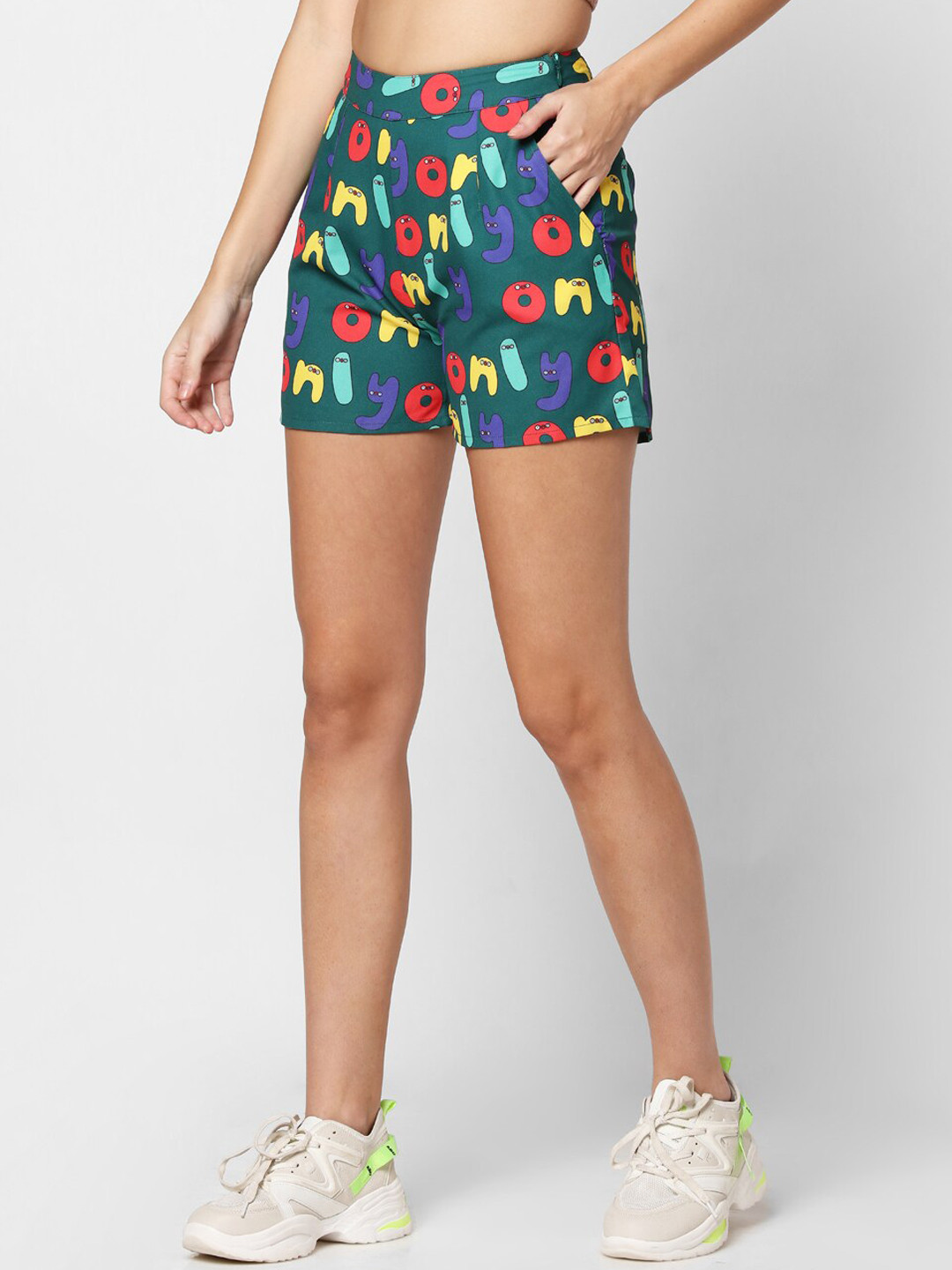 ONLY Women Green & Yellow Typography Printed Regular Shorts