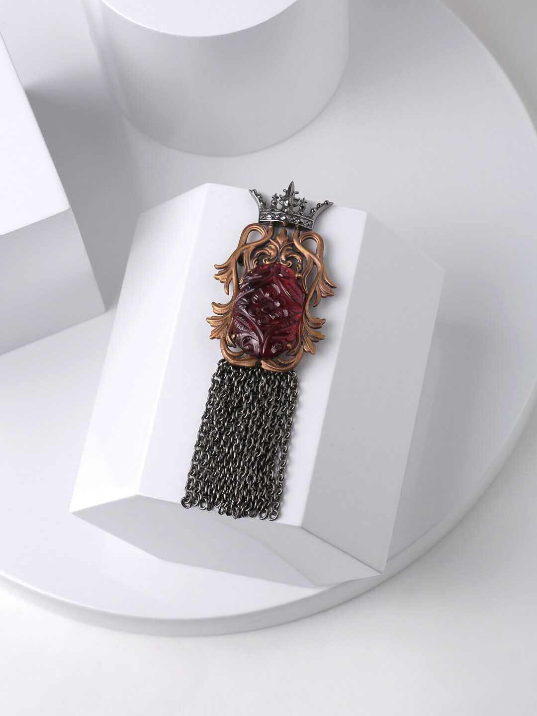 COSA NOSTRAA Men Antique Gold-Plated With Red Stone-Studded Crown Brooch