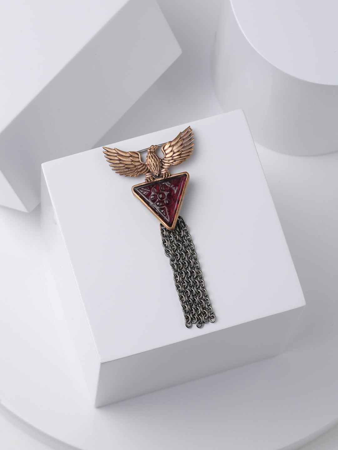 COSA NOSTRAA Men Antique Gold-Plated Red Stone-Studded Fire Phoenix Brooch