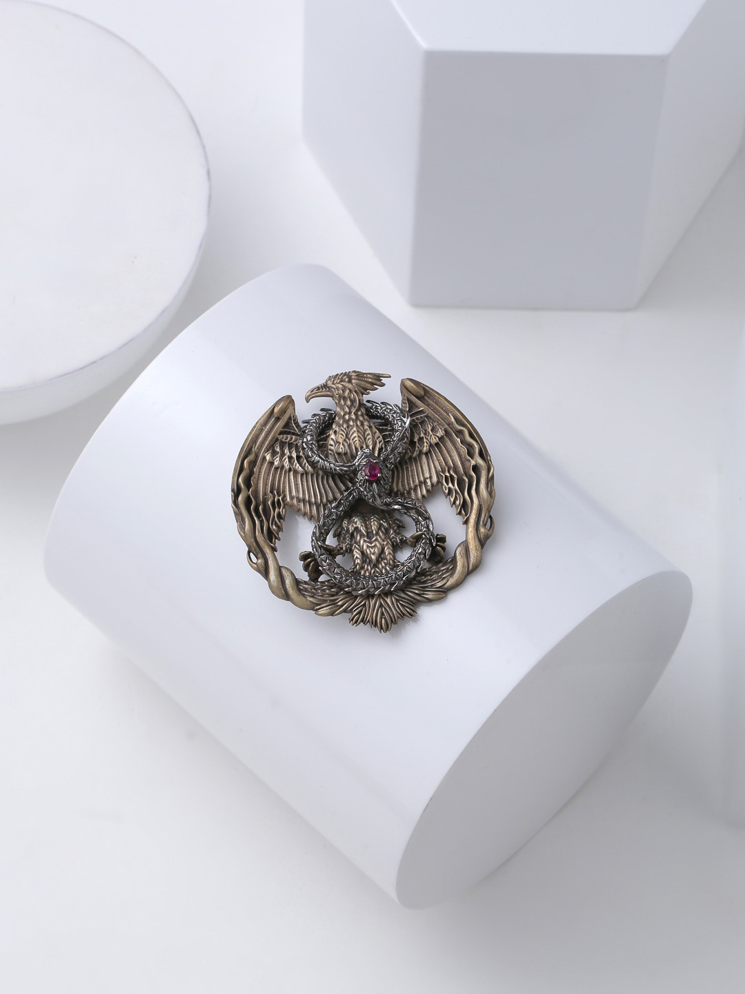 COSA NOSTRAA Men Metallic Gold-Toned With Pink Stone-Studded Mythical Phoenix Brooch