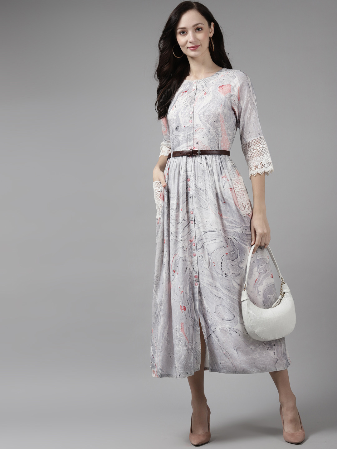 Amirah s Off White & Grey Printed Midi Dress with Schifli Pockets