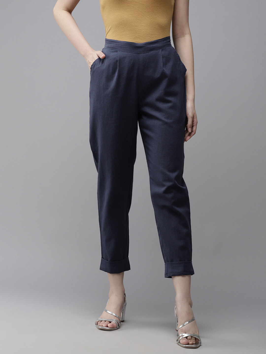 Amirah s Women Navy Blue Straight Fit Pleated Trousers