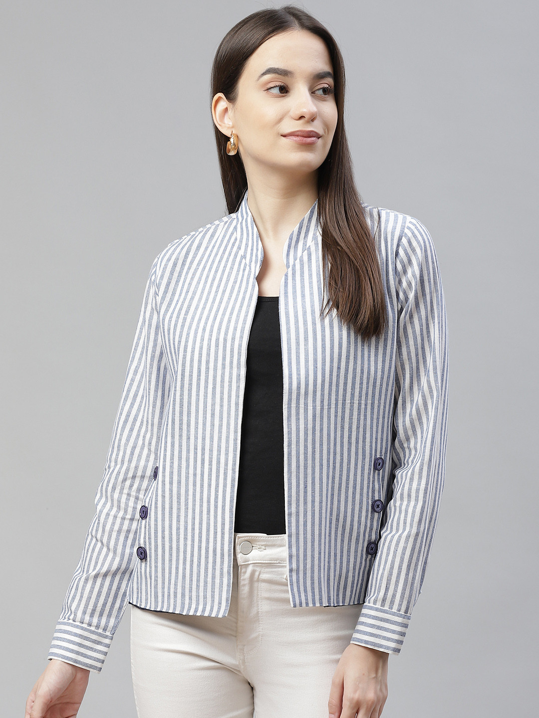 Cottinfab Women White & Blue Striped Lightweight Open Front Jacket