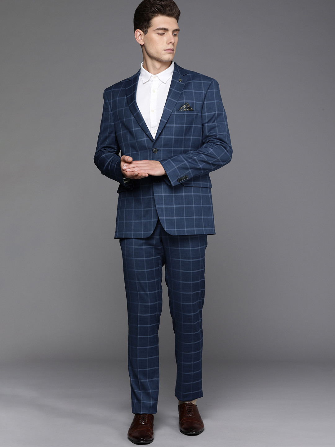 Theme Men Blue Checked Regular Fit 2 Piece Suit