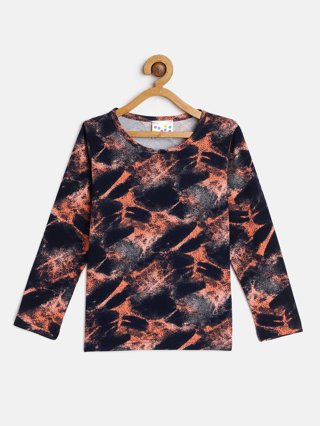 Eimoie Girls Orange & Navy Blue Printed Cotton T-shirt