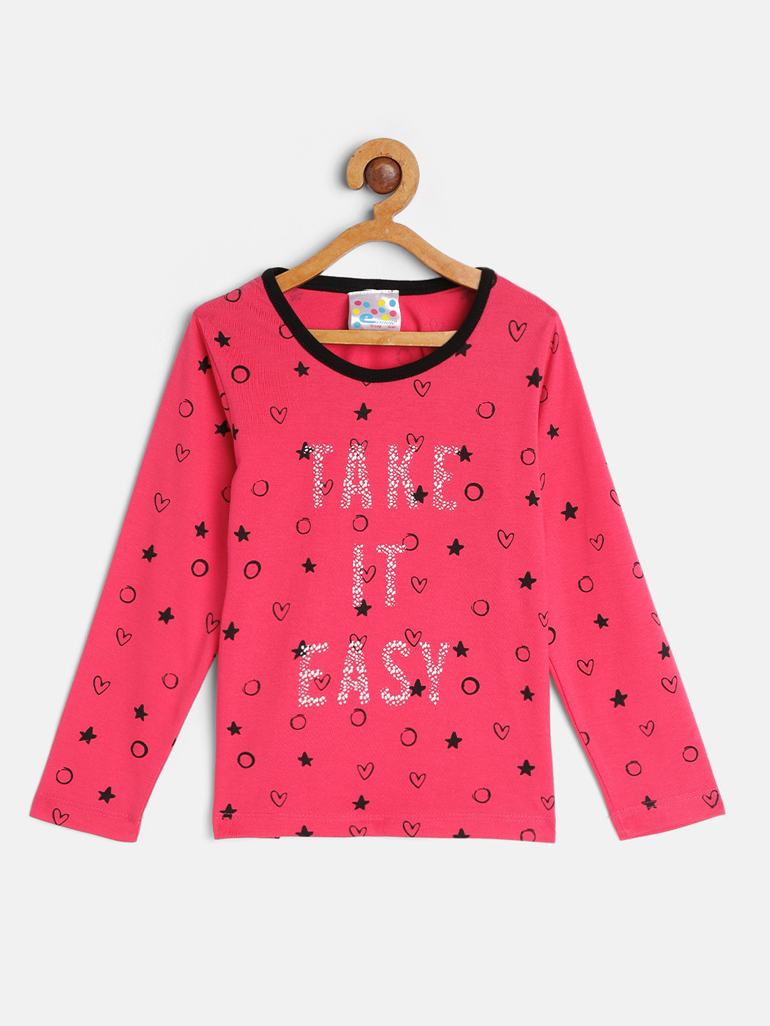 Eimoie Girls Pink & Black Printed Cotton T-shirt