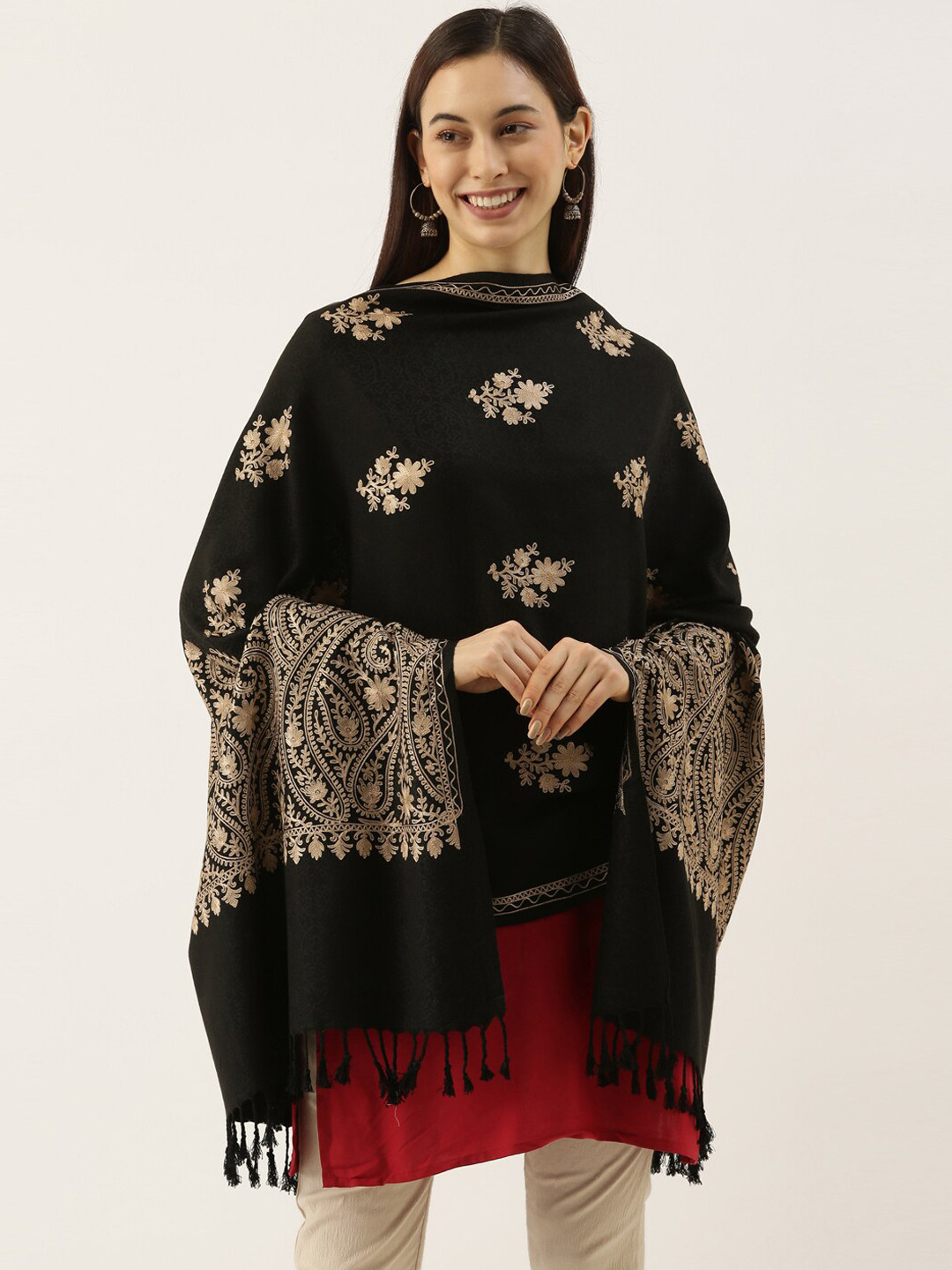 Pashmoda Women Black & Beige Aari Embroidered Shawl