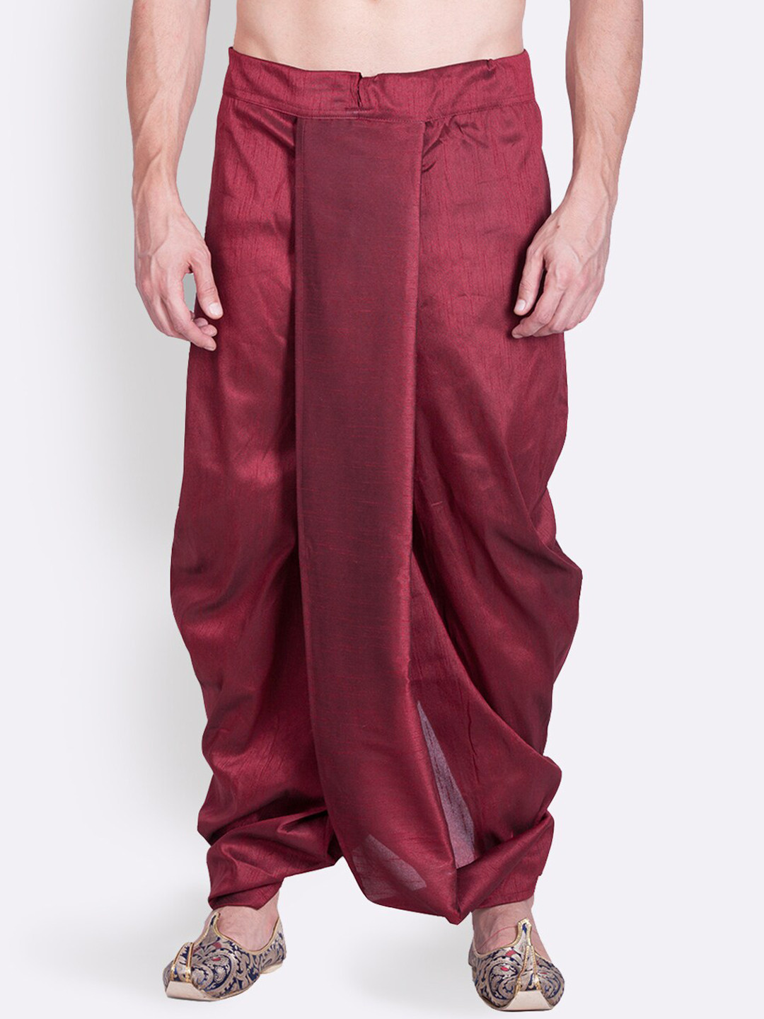 Here&Now X Sanwara  Men Maroon-Coloured Solid Traditional Art Silk Dhoti Pants