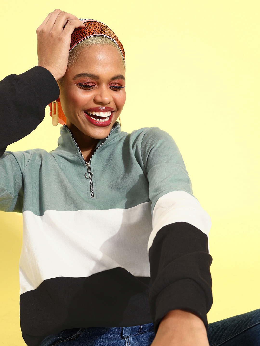 Athena Women Teal Colourblocked Sweatshirt