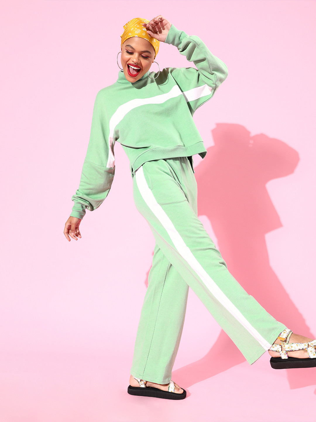 Athena Women Green High Neck Co-ord Set with Stripe Detail