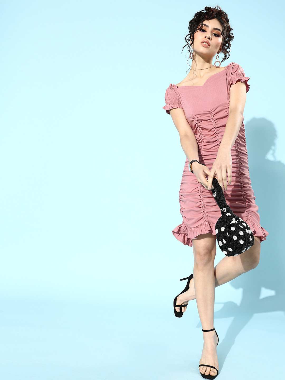 Athena Women Pink Solid Ruched Bodycon Dress