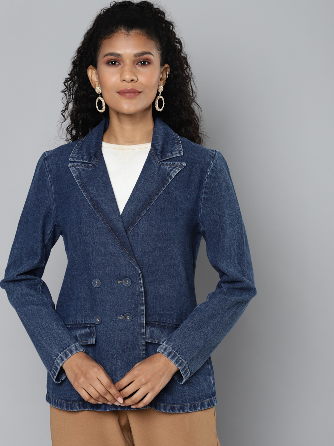 SASSAFRAS Women Blue Denim Classic Blazer