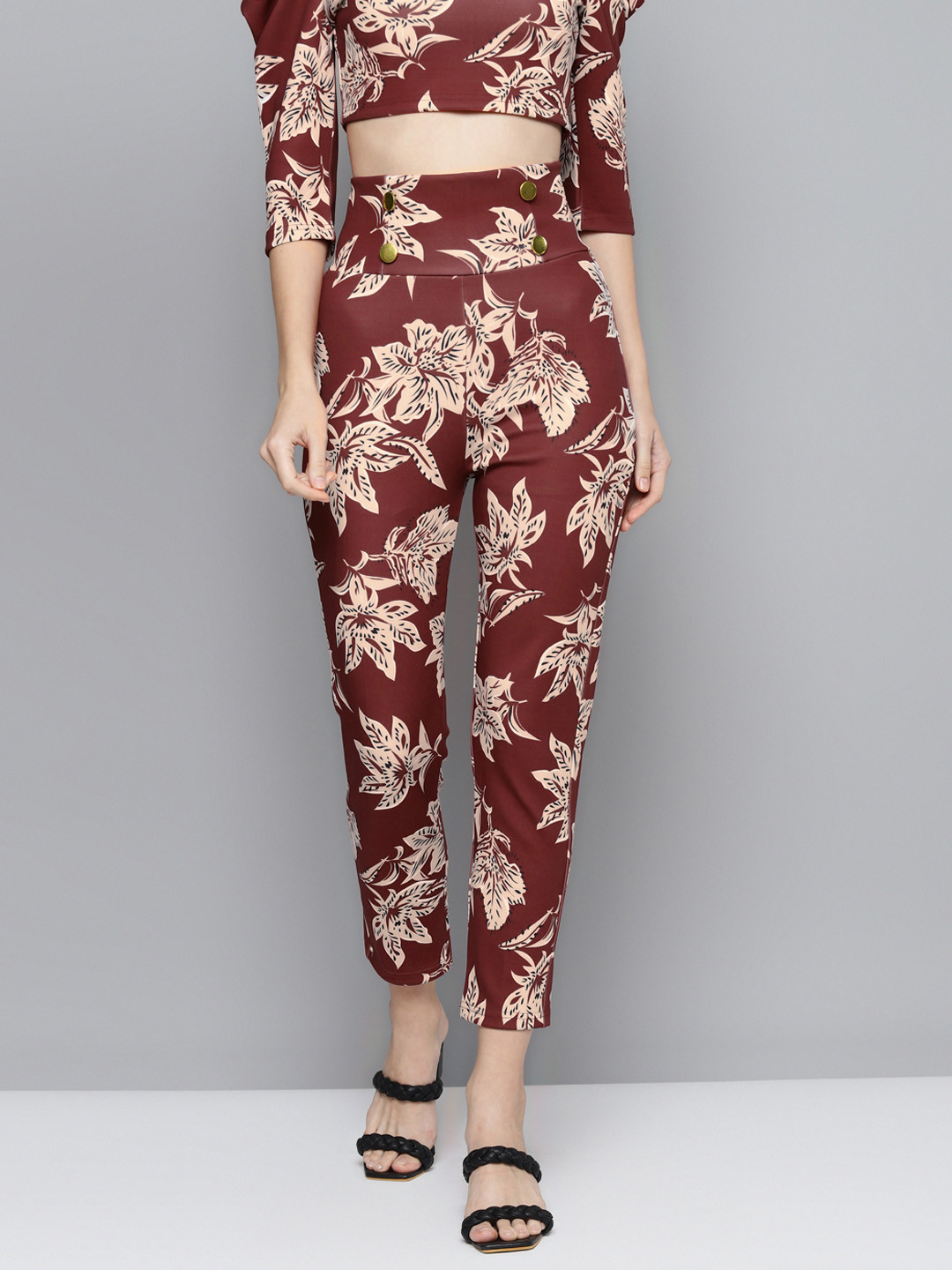 SASSAFRAS Women Maroon Floral Printed Front Button High-Rise Trousers