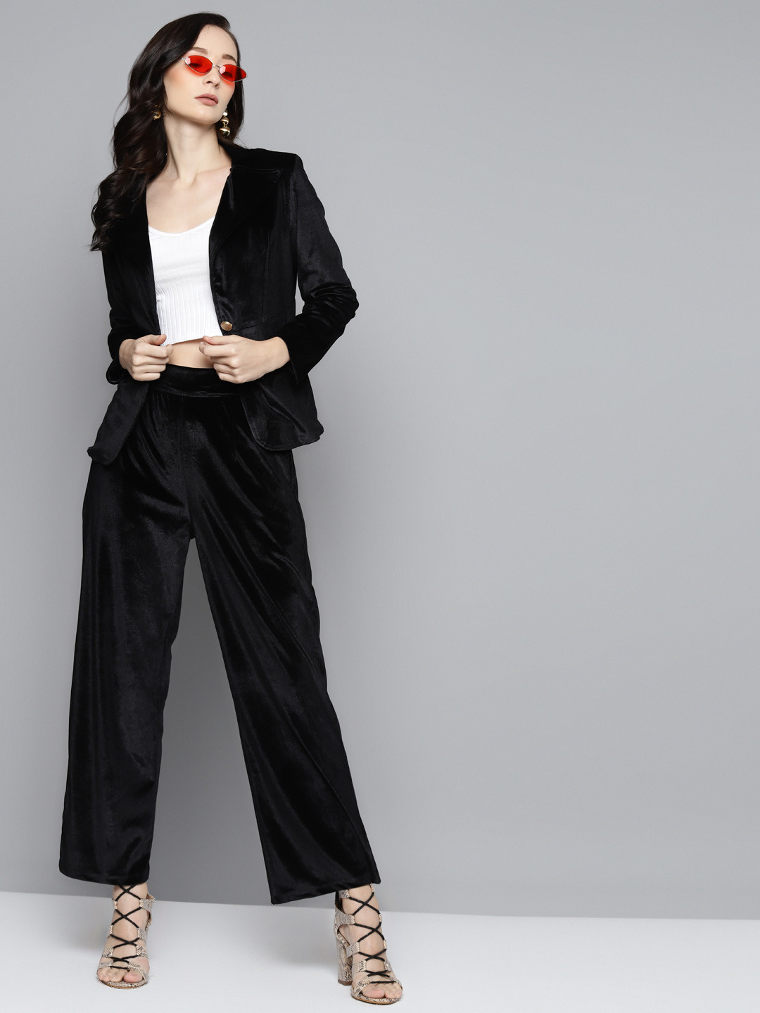 SASSAFRAS Women Black High-Rise Velvet Trousers
