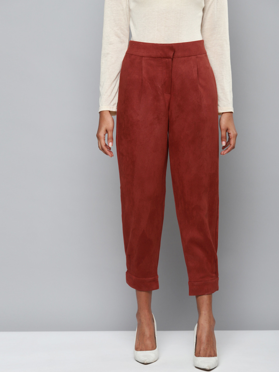 SASSAFRAS Women Rust Red High-Rise Suede Button Hem Pants