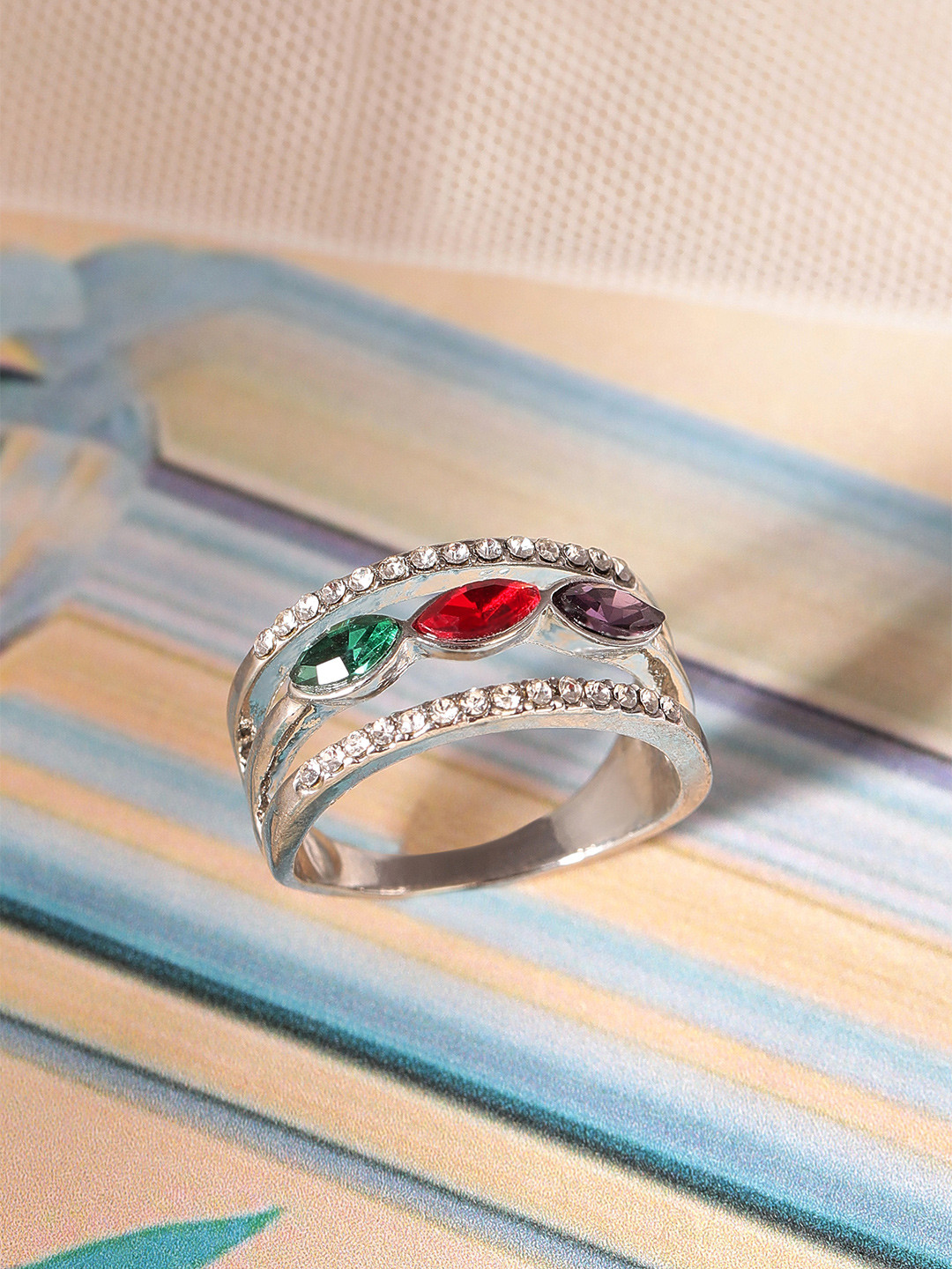 TOKYO TALKIES X rubans FASHION ACCESSORIES Silver-Plated Green & Red Stone-Studded Handcrafted Finger Ring
