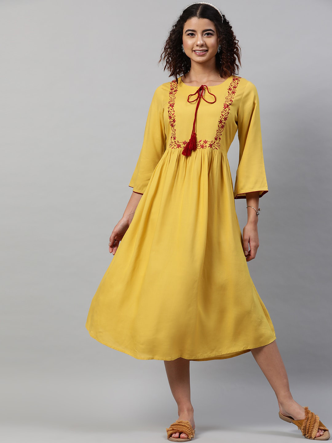 STREET 9 Mustard Yellow & Red Tie-Up Neck A-Line Midi Dress