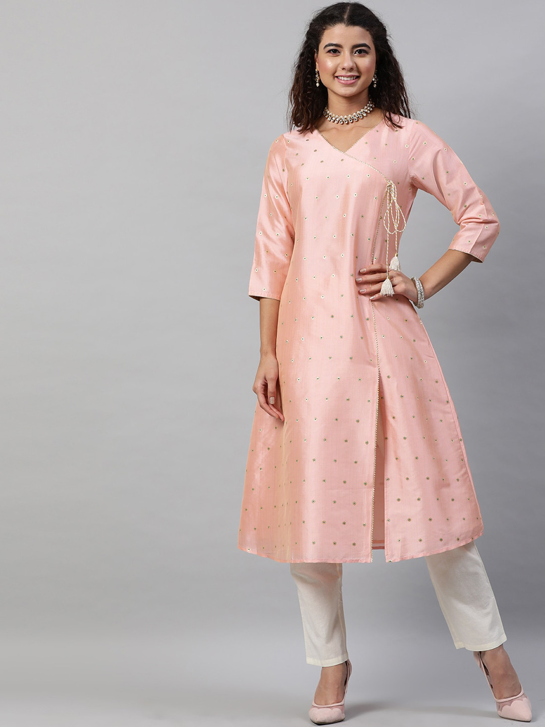STREET 9 Women Pink Geometric Gotta Patti Brocade Anarkali Kurta