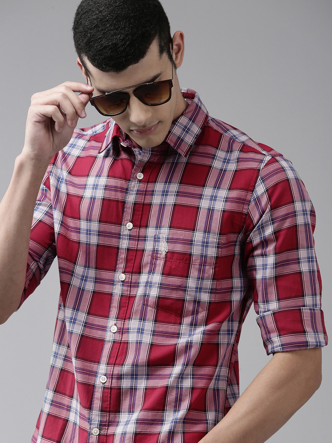 U. S. Polo Assn. Men Maroon and White Windowpane Checks Opaque Pure Cotton Casual Tailored Fit Shirt