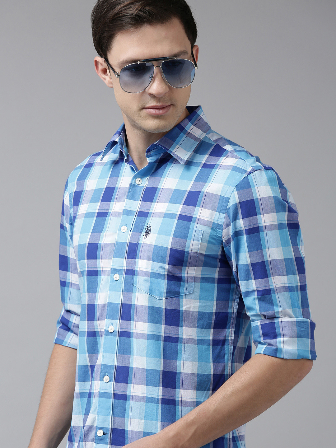 U S Polo Assn Men Blue Buffalo Checked Tailored Fit Opaque Casual Shirt