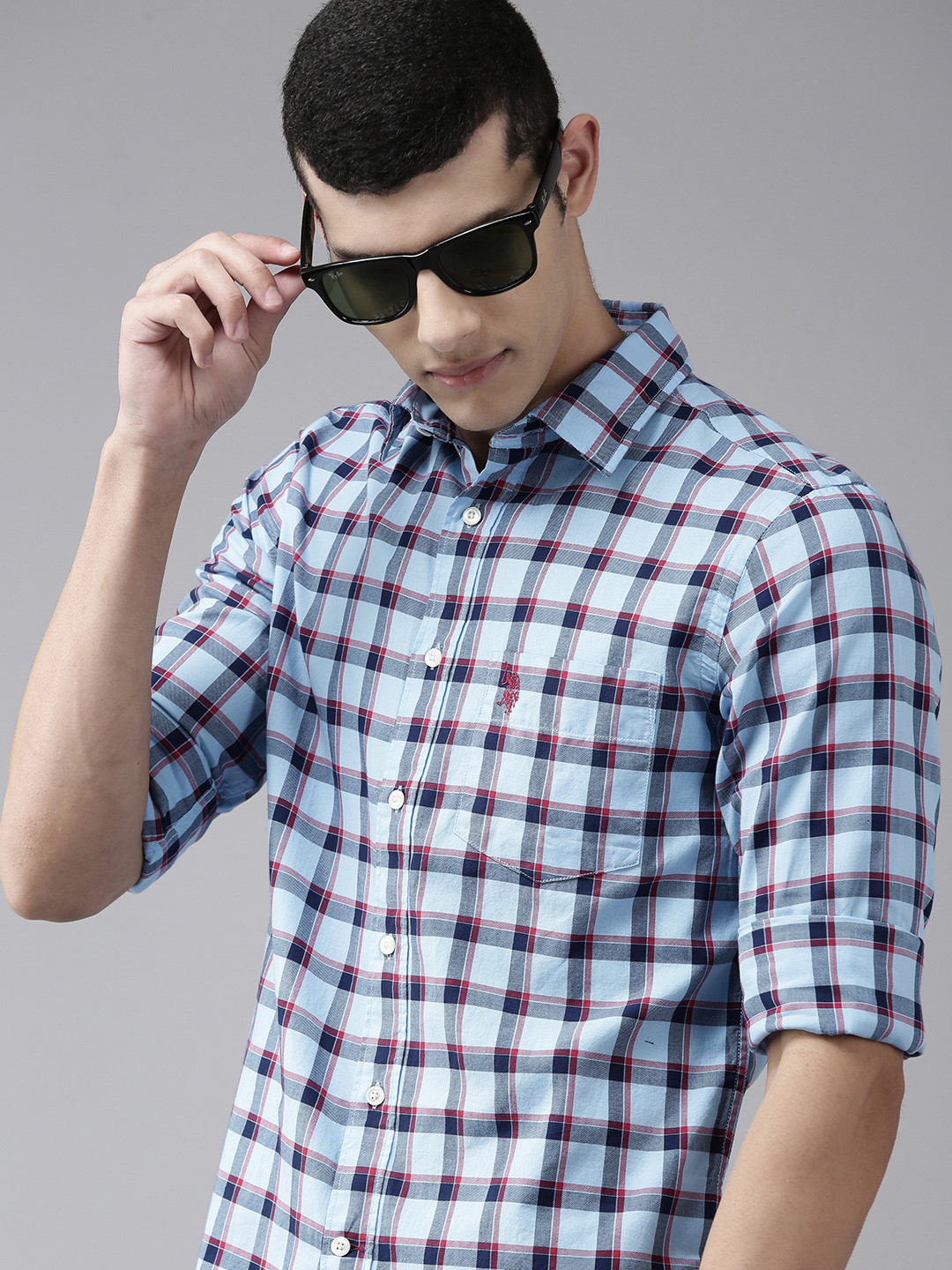 U S Polo Assn Men Blue Tailored Fit Gingham Checked Pure Cotton Opaque Casual Shirt