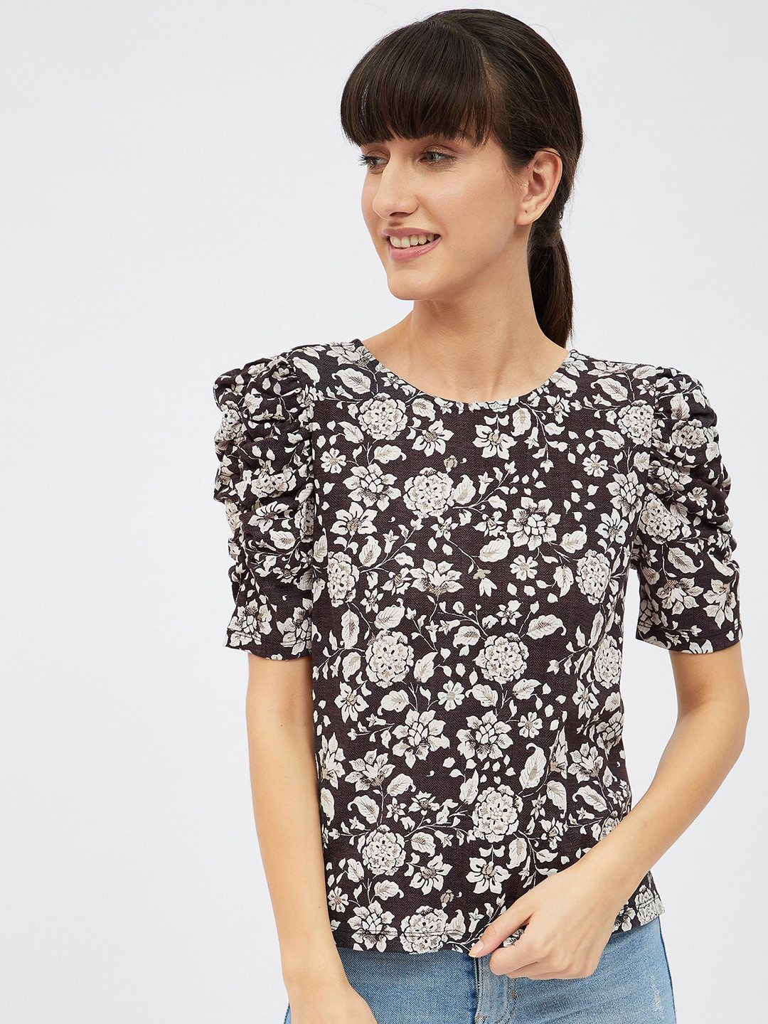 Harpa Women Brown & Grey Floral Printed Puff Sleeves Tops