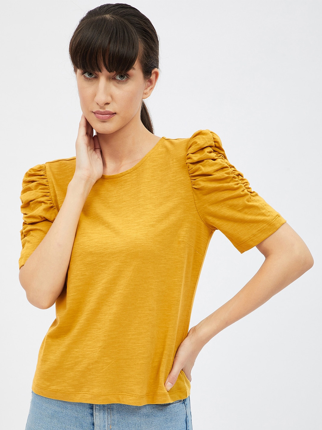 Harpa Women Mustard Yellow Puff Sleeves T-shirt
