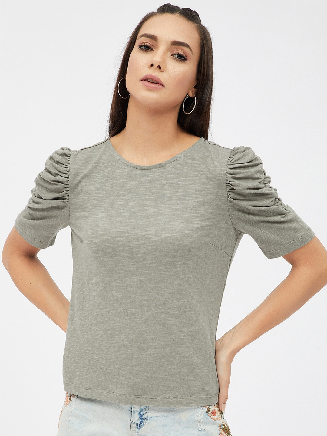 Harpa Women Olive Green Puff Sleeves T-shirt