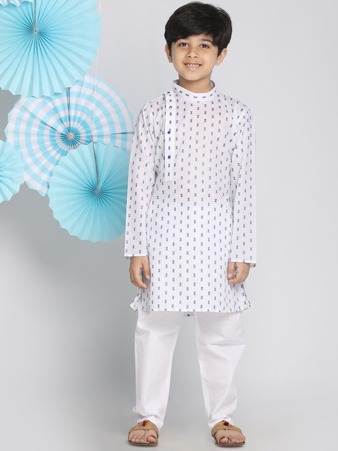 VASTRAMAY Boys White Angrakha Pure Cotton Kurta With Salwar